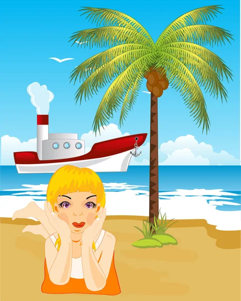 Fille bronzage sur la plage — Image vectorielle