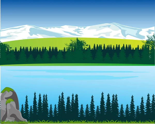 Paysage des montagnes et grande cour en bois — Image vectorielle