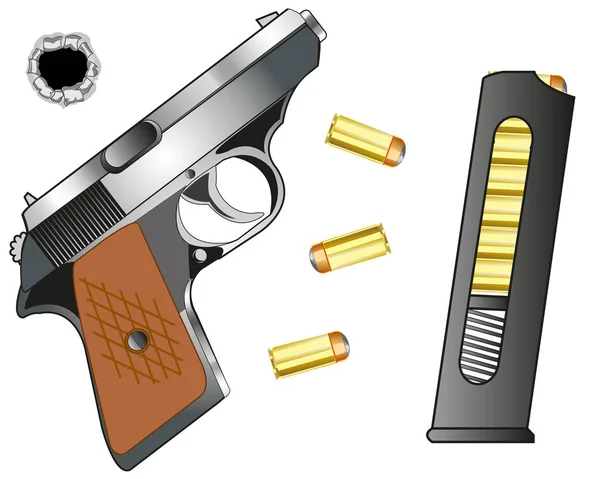 Pistola e clipe de cartucho com patrono — Vetor de Stock