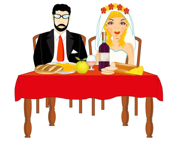 Bruidegom en bruid aan de tafel — Stockvector
