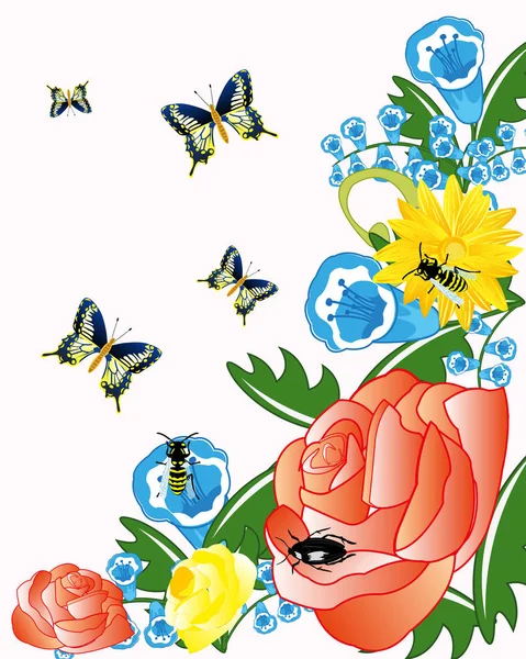 ดอกไม้และแมลง — ภาพเวกเตอร์สต็อก
