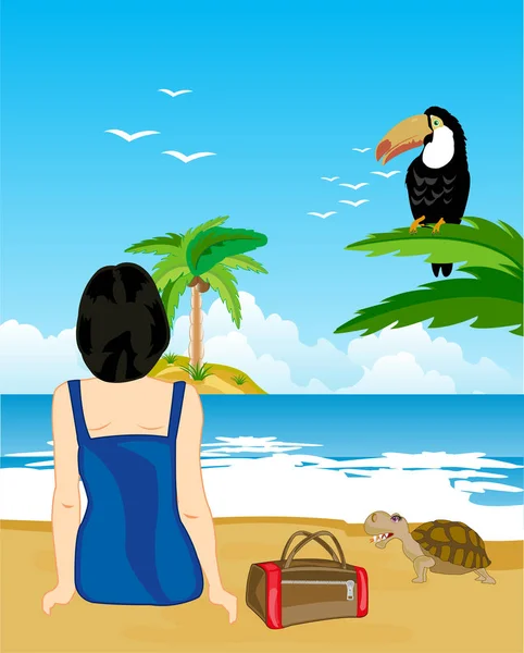 Fille s'assied sur la plage — Image vectorielle