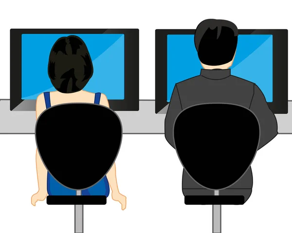 Erkek ve kadın masada bilgisayar ile — Stok Vektör