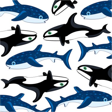 Beyaz balina ve balina köpekbalığının dekoratif deseninin vektör çizimi