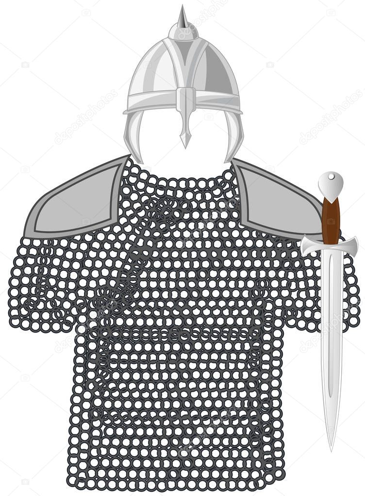 Panoply of the medieval warrior on white background is insulated