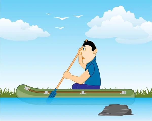 Mann segelt mit Schlauchboot auf Fluss — Stockvektor