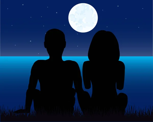 Man en vrouw maan in de nacht naast water — Stockvector