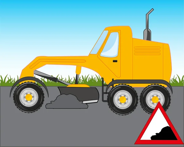 Vector illustration of the cartoon of the grader on road — Stock Vector