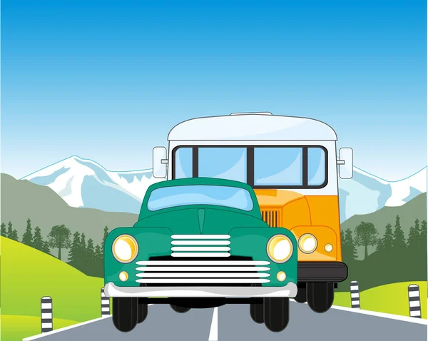 Retro car and bus on mountain road — 스톡 벡터