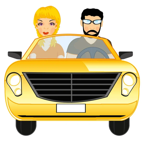 Άνδρας και γυναίκα σε αυτοκίνητο τύπου cabriolet μετωπική — Διανυσματικό Αρχείο