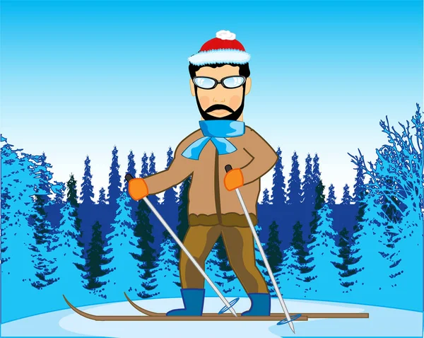 男は冬にスキーで走る — ストックベクタ