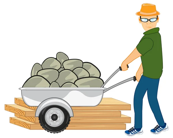 Man on construction site carries stone in pushcart — Stock Vector
