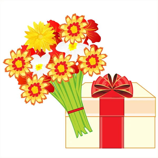 Box with gift and bouquet beautiful flower — Stock Vector