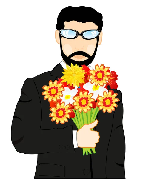 Άνδρας σε μοντέρνο κοστούμι με λουλούδι μπουκέτο — Διανυσματικό Αρχείο