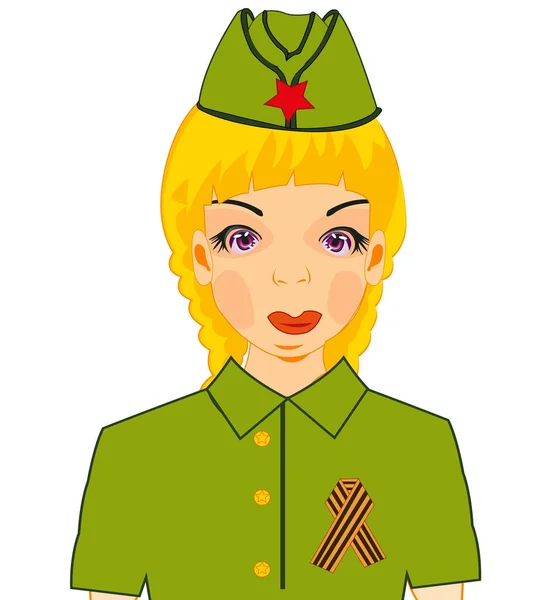 Menina em forma militar com símbolo da vitória George Ribbon — Vetor de Stock