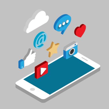 Sosyal medya 3d izometrik kavramı vektör simgeler düz.