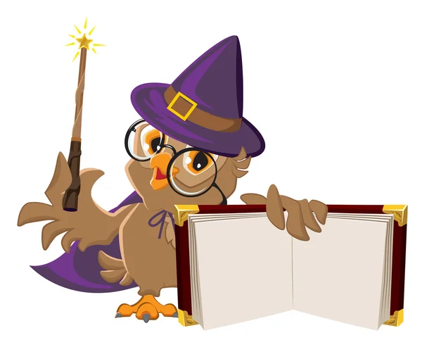 Búho pájaro en disfraz de Halloween celebración libro abierto — Vector de stock