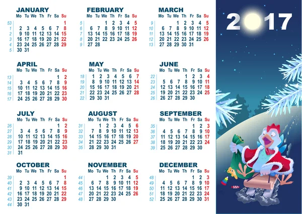 La polla de Navidad rueda en trineo desde la montaña. Azul de dibujos animados Gallo símbolo 2017 y calendario de pared — Archivo Imágenes Vectoriales