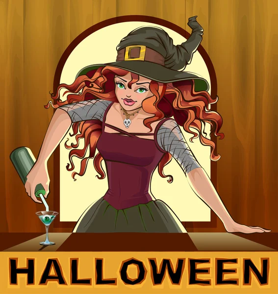 Pelirroja hermosa bonita bruja chica vierte cócteles de Halloween — Vector de stock