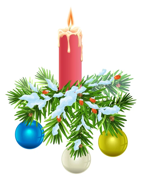 Christmas Krans. Spruce grenar under snö, brinnande ljus och bollar — Stock vektor
