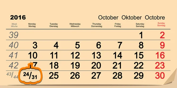 31 de octubre 2016 Halloween. Fecha del calendario de pared y calabaza — Vector de stock