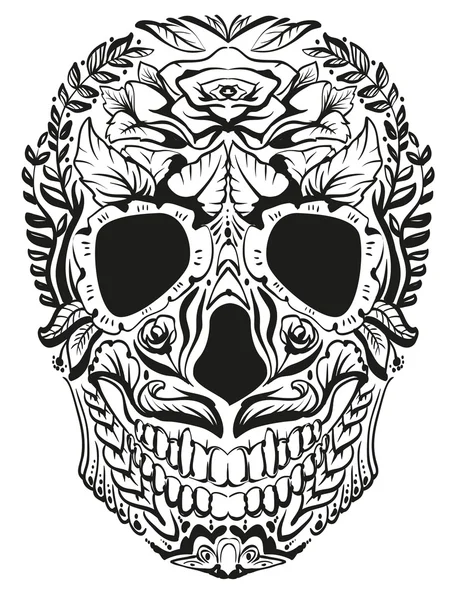 Calavera humana de decoración en blanco y negro. Día de Muertos — Vector de stock