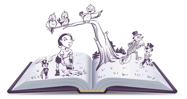 Otwórz książkę ilustracja opowieść o Pinokio — Wektor stockowy