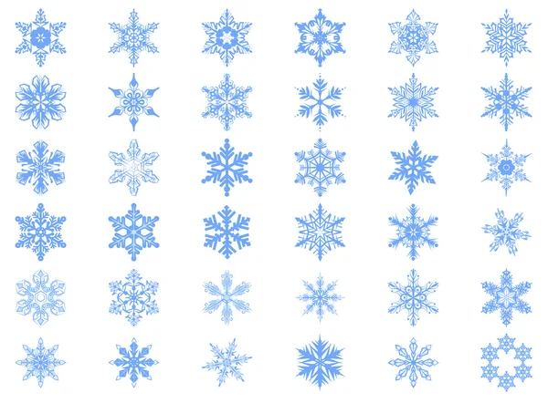 Conjunto grande de 36 copos de nieve azules — Vector de stock