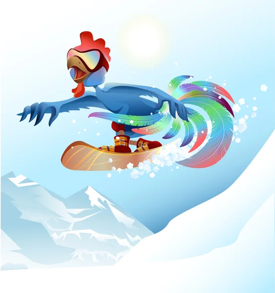 Gallo en snowboard montando en la montaña. Símbolo de polla azul 2017 — Vector de stock