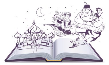 Open book story tale Magic lamp Aladdin. Arab tales Alladin, genie and Princess clipart