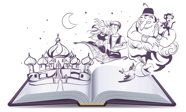 Cuento libro abierto Lámpara mágica Aladdin. Cuentos árabes Alladin, genio y princesa — Archivo Imágenes Vectoriales