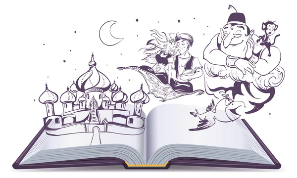 Open Book Story Geschichte magische Lampe aladdin. Arabische Märchen alladin, genie und prinzessin — Stockvektor