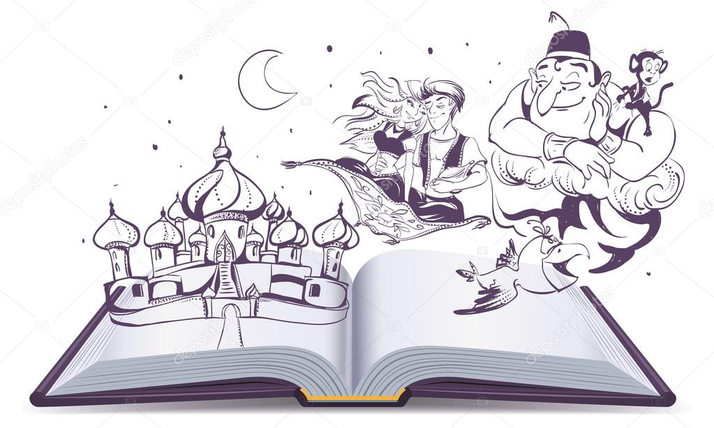 Open book story tale Magic lamp Aladdin. Arab tales Alladin, genie and Princess