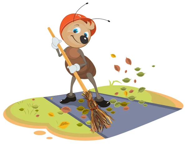 Janitor ant sweeps broom fallen leaves from footpath — Stock Vector