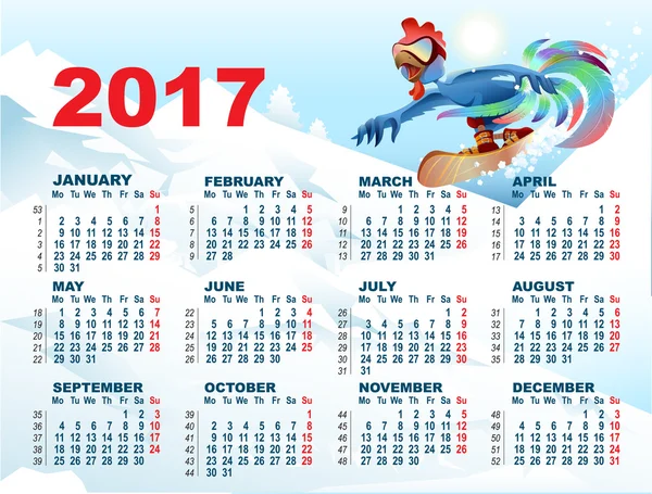 Gallo azul en snowboard. Calendario con símbolo de polla 2017 — Archivo Imágenes Vectoriales