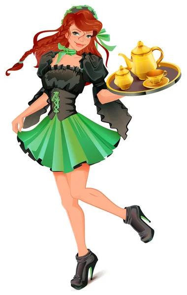 美丽的女服务员端着托盘与茶 — 图库矢量图片