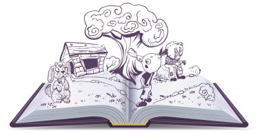 Açık kitap hikaye masal Cipollino. Soğan çocuk içecekler su kenarında ev baba kabak