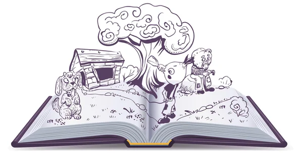 Açık kitap hikaye masal Cipollino. Soğan çocuk içecekler su kenarında ev baba kabak