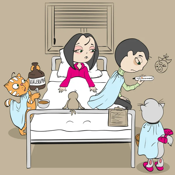 Kvinnlig patient på säng och läkare. Cat medic ger Valeriana — Stock vektor