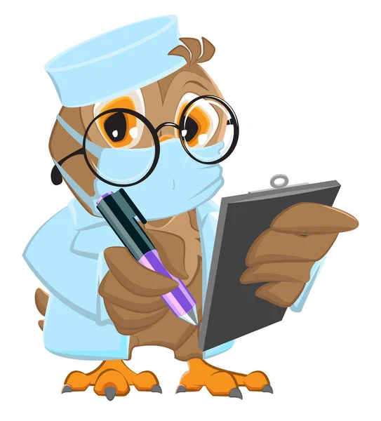 Owl Doctor in mask holds clipboard and pen — Stock Vector