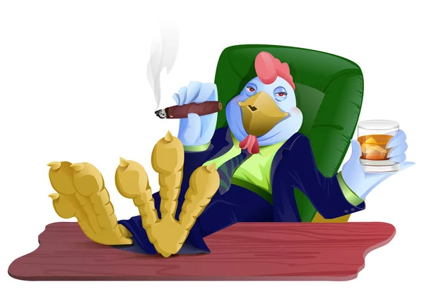 蓝色的脂肪公鸡老板与雪茄和威士忌放桌子上他的脚。公鸡象征 2017 — 图库矢量图片