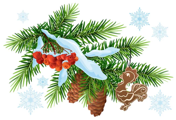 Vánoční dekorace. Jedle větev, kohout perníku a jeřabiny pod sněhem — Stockový vektor