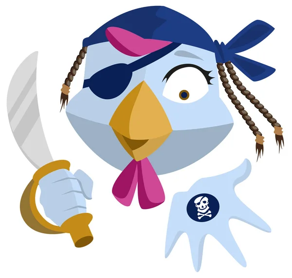 Vogel piraat met saber toont zwarte vlek. Blauwe haan hoofd — Stockvector