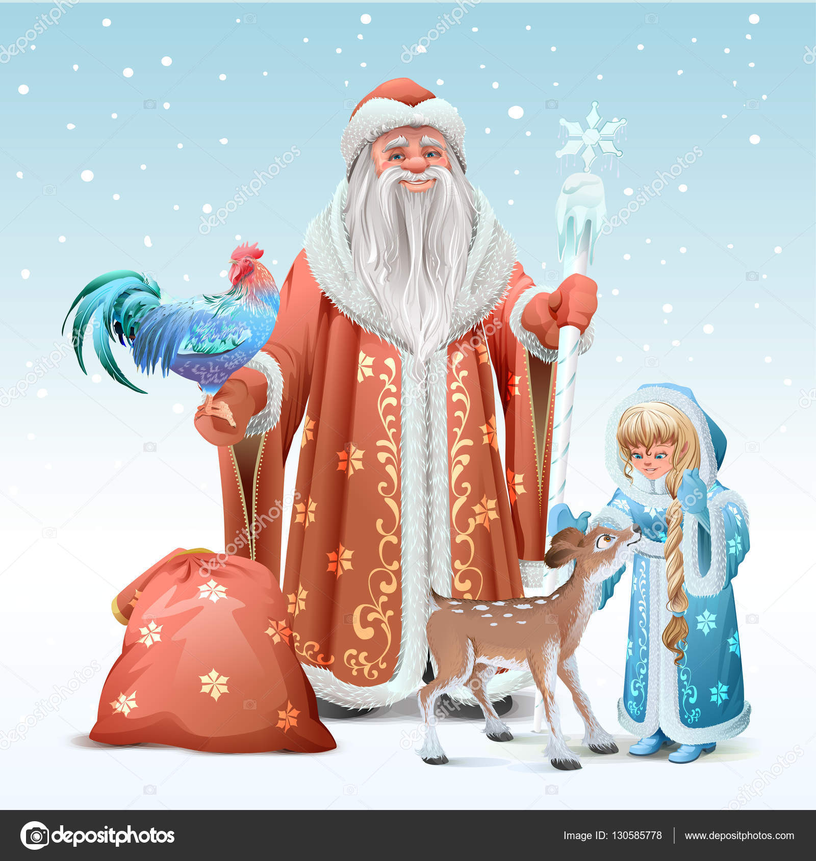 Père russe Frost, Vierge des neiges, symbole du coq bleu 2017 et fauve — Image vectorielle 