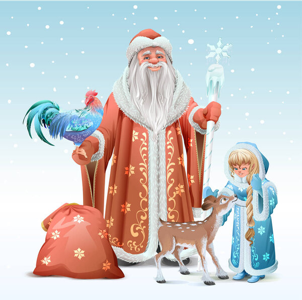 Russian Father Frost, Snow Maiden, blue rooster symbol 2017 and fawn