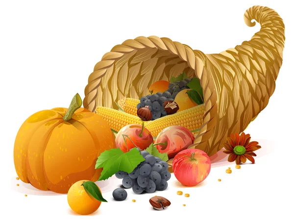 Hoorn des overvloeds rijke oogst op dag van Thanksgiving — Stockvector