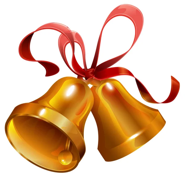 Zwei goldene Weihnachtsglocken mit rotem Band — Stockvektor