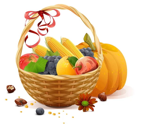 Groenten en fruit in rieten mand. Rijke oogst voor Thanksgiving day — Stockvector