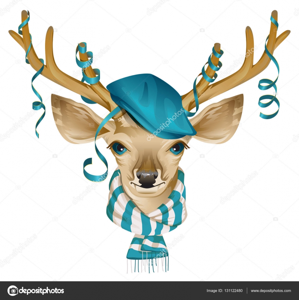 Tête de cerf de Noël en chapeau bleu à la mode et écharpe rayée Vecteur par  ©orensila 131122480