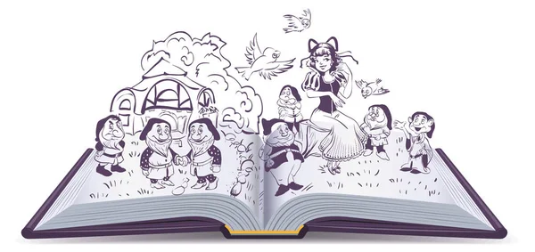開かれた本の図。童話白雪姫と 7 人の小人 — ストックベクタ